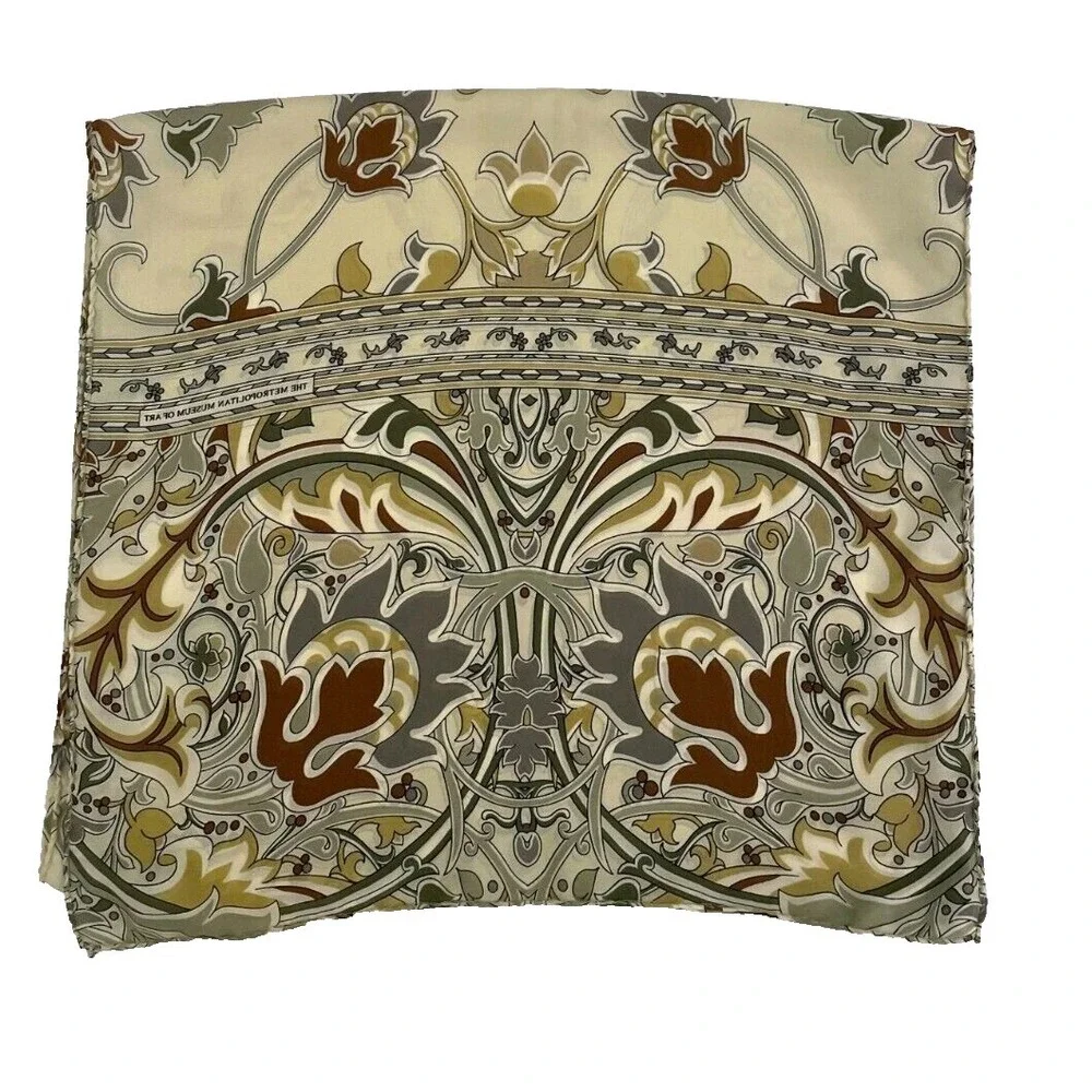 Metropolitan Museum Of Art Womens‎ Scarf One Size Beige Mod Art Floral Leaf Silk